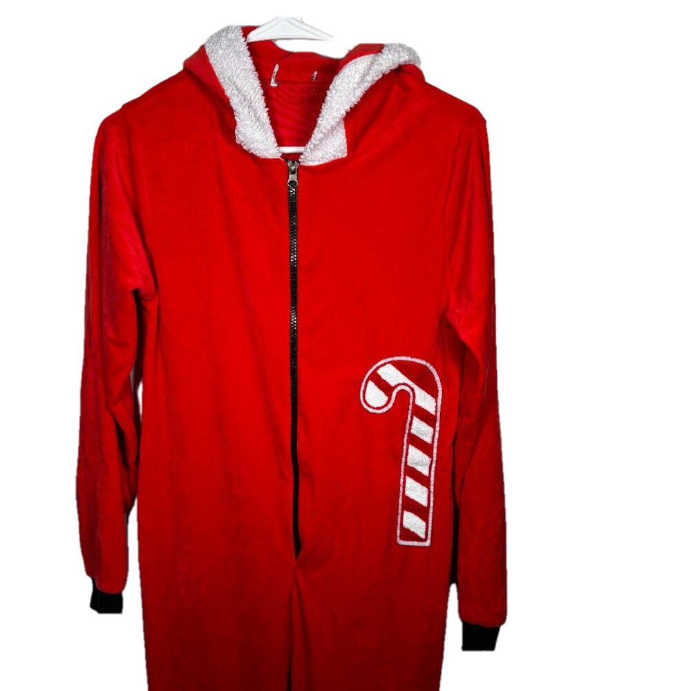 Red Holiday Jumpsuit with Hood and Candy Cane Design - Picture 3 of 5